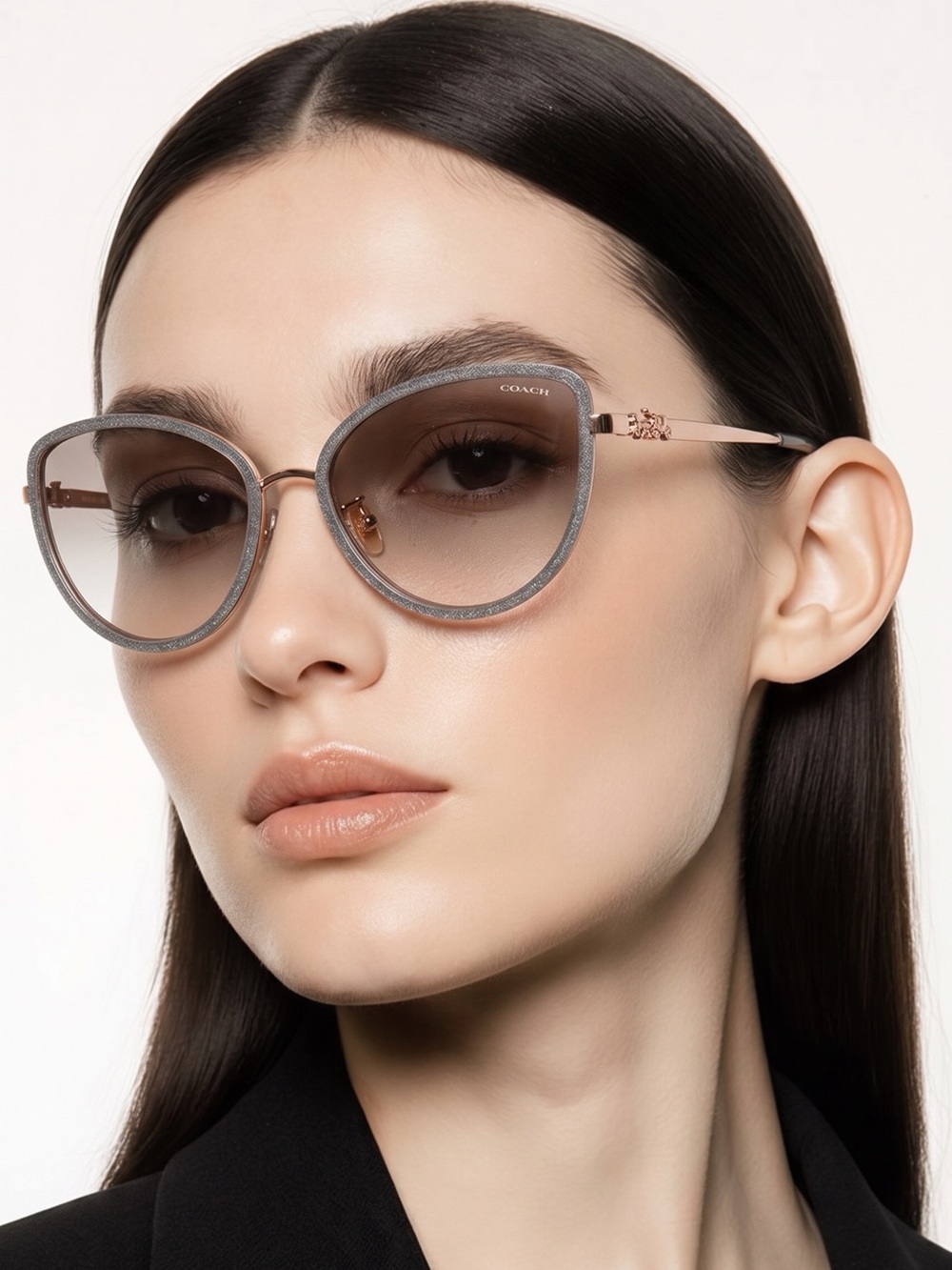 NEW Coach HC7093 Gray Round Sunglasses with Rose Gold Arms